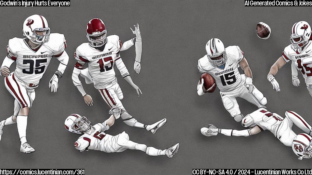 A cartoon of Baker Mayfield sitting on a football field, holding a pillow with a defensive line in the background, and Chris Godwin lying on a nearby stretcher, with an X marking the spot where his ankle was injured. The pillow should be labeled "Soft Defense" and the football field should have a subtle hint of sadness or concern.