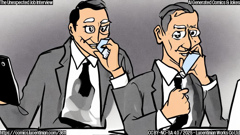 A cartoon drawing in plain colors of a person in a suit sitting at a desk, looking surprised while receiving a phone call. The background should be a simple office setting.