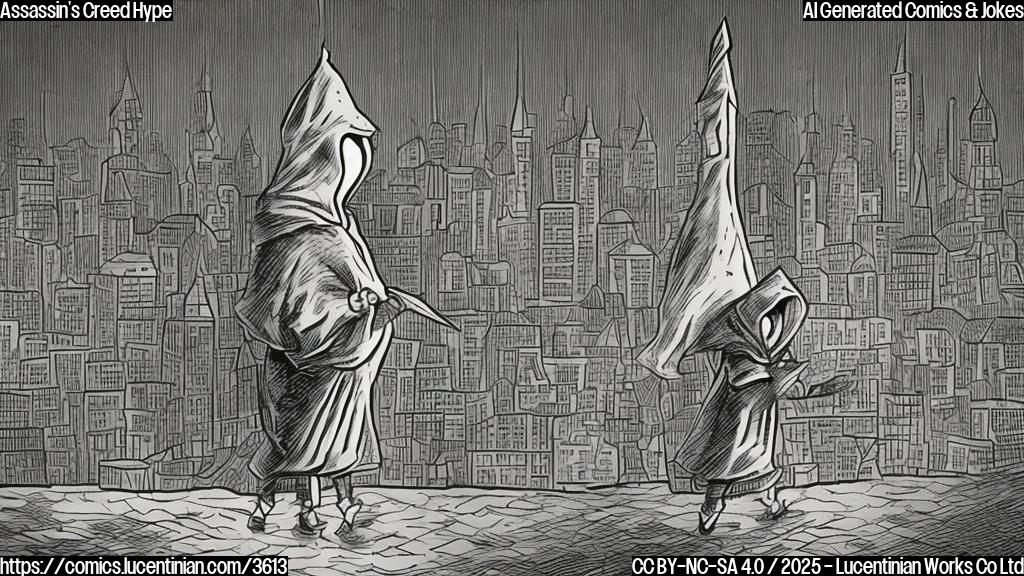 A cartoon drawing in plain color showing a person with a hood, holding a hidden blade, looking dizzy and clutching their neck, with a background of a city at night