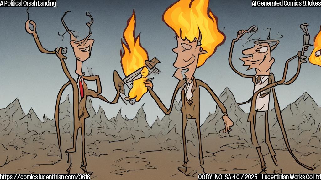 A cartoon of two stick figures, one slightly taller than the other, meeting awkwardly amidst a stylized, simple depiction of a wildfire in the background.  The taller figure, representing a politician, holds a small, cartoonish flamethrower. The other figure, a slightly shorter politician, has a surprised expression. The style is flat-color, simple, and clean, reminiscent of a political cartoon.