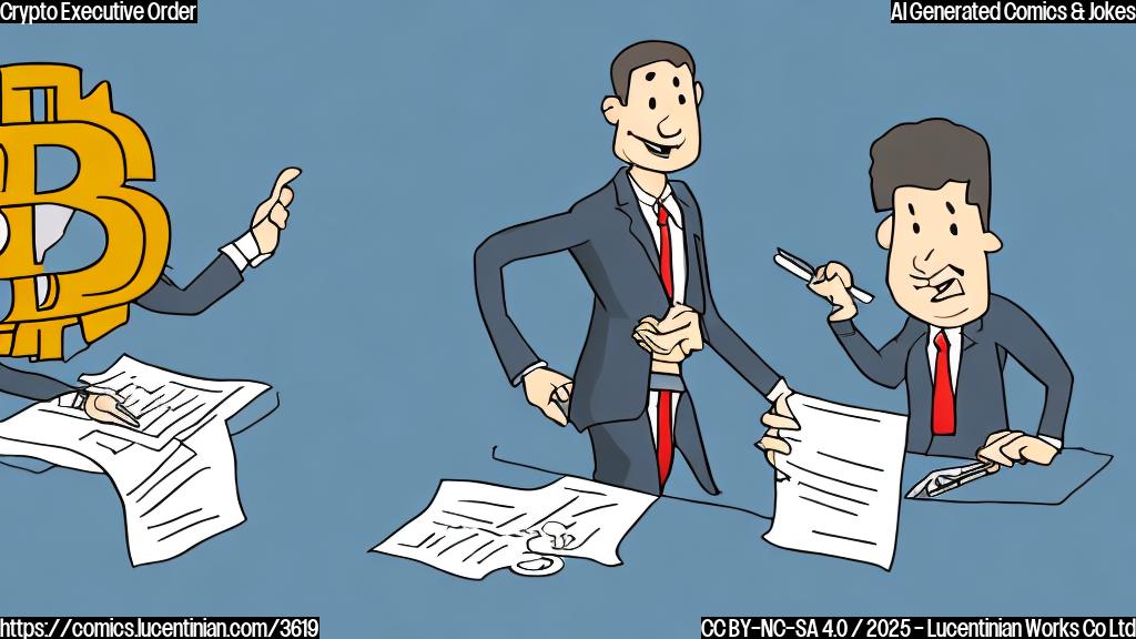 A cartoon drawing of a president in a suit signing a document, with cryptocurrency symbols like Bitcoin and Ethereum flying around him, simple lines and flat colors, plain background