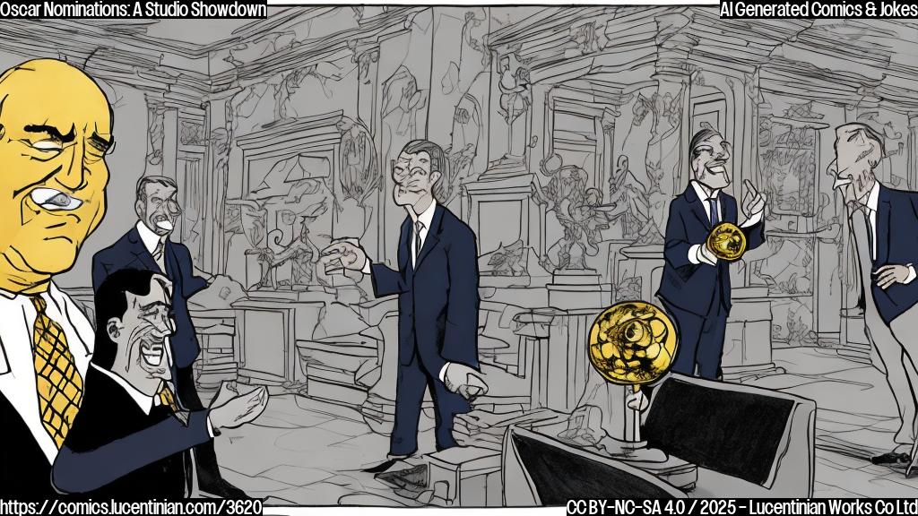 A cartoon drawing in plain colors of two studio executives arguing over a golden statuette. One executive is wearing a suit and has a serious expression, while the other is wearing a more casual outfit and a smug expression. Background is simple, with only light grey background.