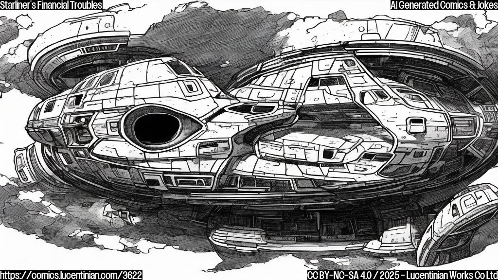 A cartoon drawing in plain colors of a sad-looking spaceship with a large "For Sale" sign attached to it. The spaceship has round windows and is a light gray color. It's sitting on a landing pad with a forlorn expression.