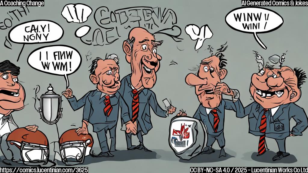 A cartoon of two football coaches. The first one is wearing a suit and holds a trophy, the second coach wears an old and tattered coach jacket, looks sad and discouraged. Both have a speech bubble. One says "Easy win", another says "New challenge". Simple line art, plain color background, cartoon style.