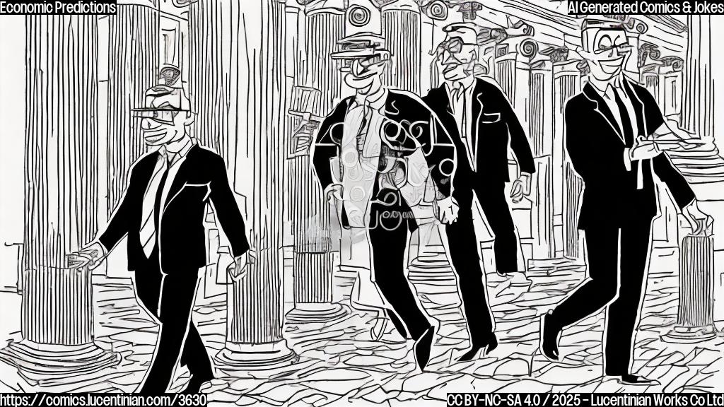 A simple cartoon of a person in a suit being escorted out of a large building with columns by two security guards.  The style should be flat color, no shading or gradients, using only a few colors such as dark grey, light grey, and beige.  The expression on the person's face should be one of mild surprise or confusion.