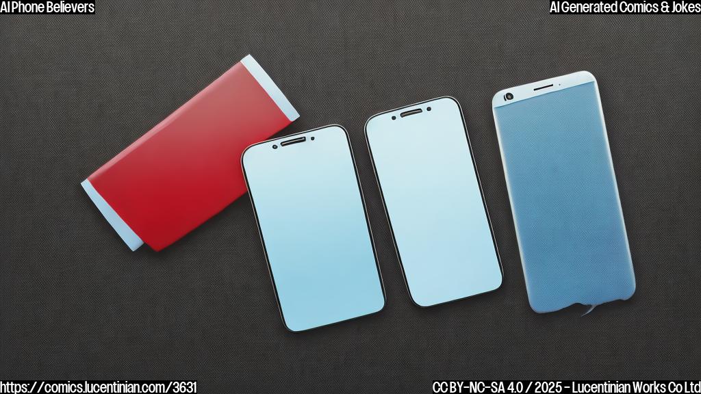 A simple cartoon of two phones, one sleek and modern (AI phone) looking down on a clunky older phone (regular phone). Both phones should be plain color, such as blue and red, in a minimalist style. The background should be a plain light yellow.