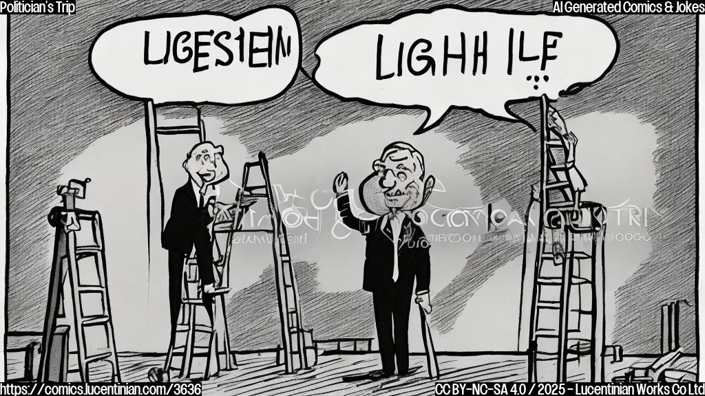 A cartoon drawing in plain colors of a politician in a suit standing next to a ladder, looking upwards at a large speech bubble containing the words "High Up Issues", in a simple cartoon style.