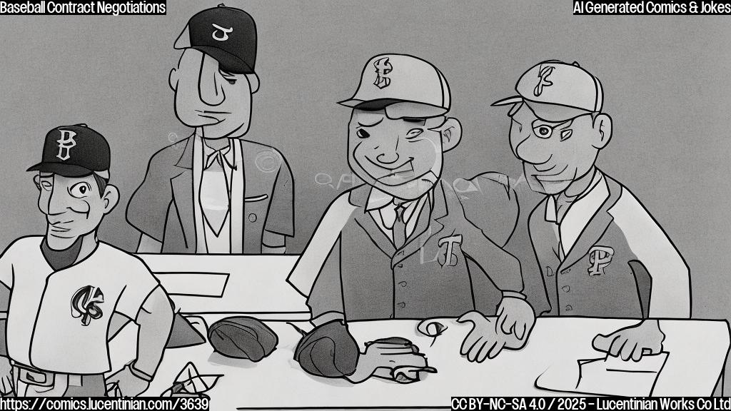 A cartoon drawing in plain colors of a baseball player in a baseball uniform, sitting at a table across from a stern-looking person in a suit. The baseball player looks amused, while the suited person looks annoyed. The table has papers on it, hinting at a contract.  The style should be simple and flat, with minimal details.