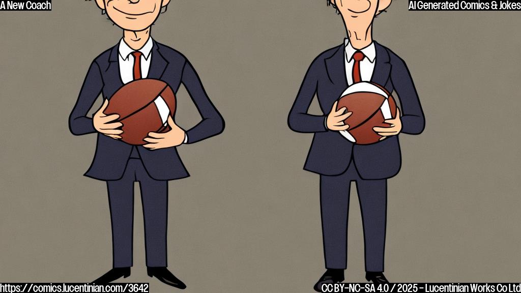 A cartoon drawing in a plain color style, of a tired-looking coach with messy hair and dark circles under his eyes, holding a football and wearing a suit. The background is a simple plain color.