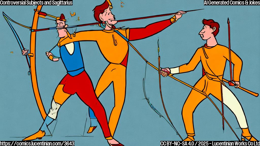 A cartoon drawing in plain colors, showing a Sagittarius person (characterized by a bow and arrow, with orange-yellow clothes) smiling politely while a person with angry red clothes is raising their voice. Both are represented with very simple shapes and colors. Background is a plain light blue.