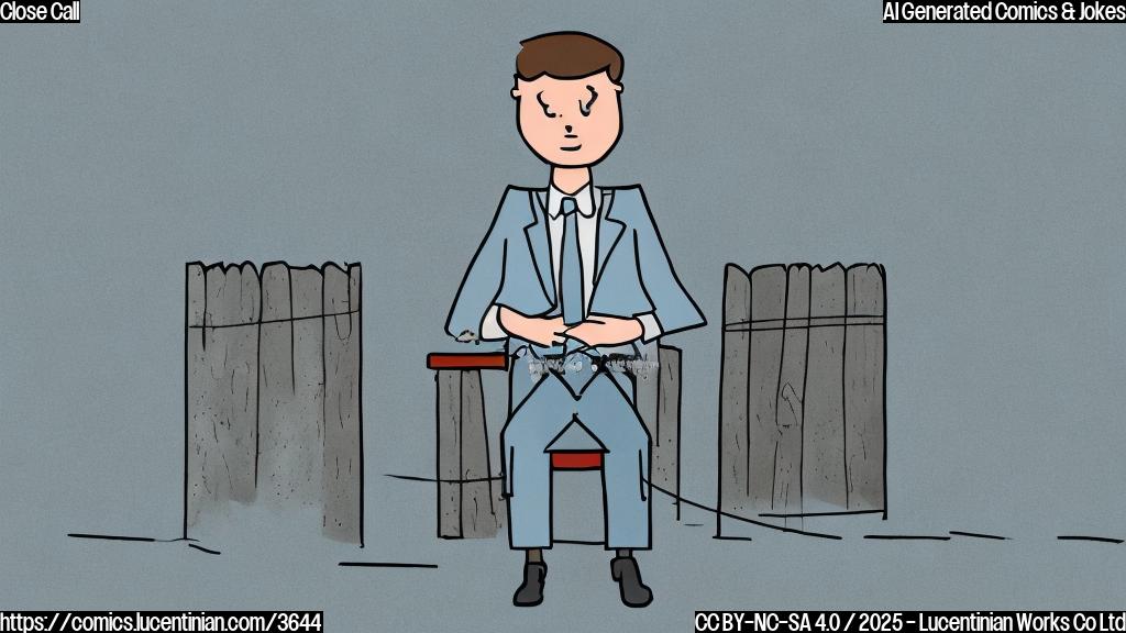 A plain color cartoon of a fence with a person sitting on it, looking nervous, wearing a suit and tie. The background is a simple light blue.