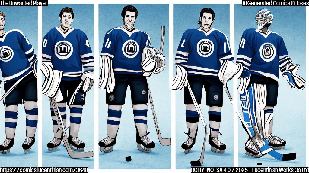 A simple cartoon of three hockey players, one looking sad and confused, another one smiling and pointing at the sad one. The background is a plain light blue. Use only plain colors. The cartoon style should be similar to classic comic strips.