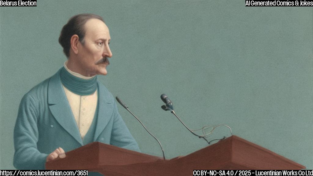 A single, slightly weary-looking figure standing behind a podium, colored entirely in a muted teal. The podium is a simple, rectangular shape, also in teal.  The background is a plain light grey. The figure's face is obscured slightly, but the general impression should be one of long-standing power.