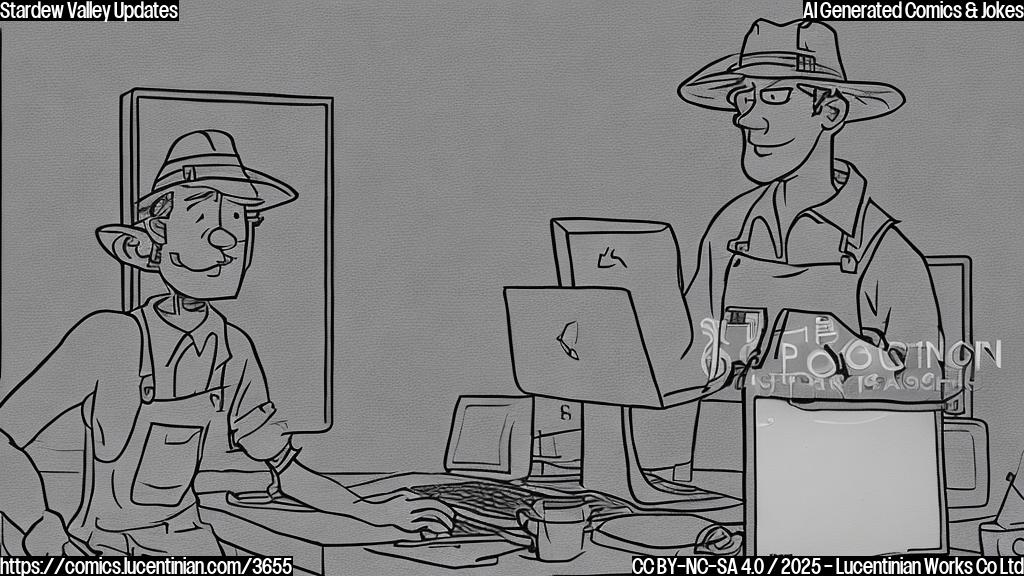 A simple cartoon drawing of a farmer, wearing overalls and a straw hat, slumped over a computer monitor in a plain room with only the screen glowing. The screen is showing lines of code. Colors should be a plain palette.