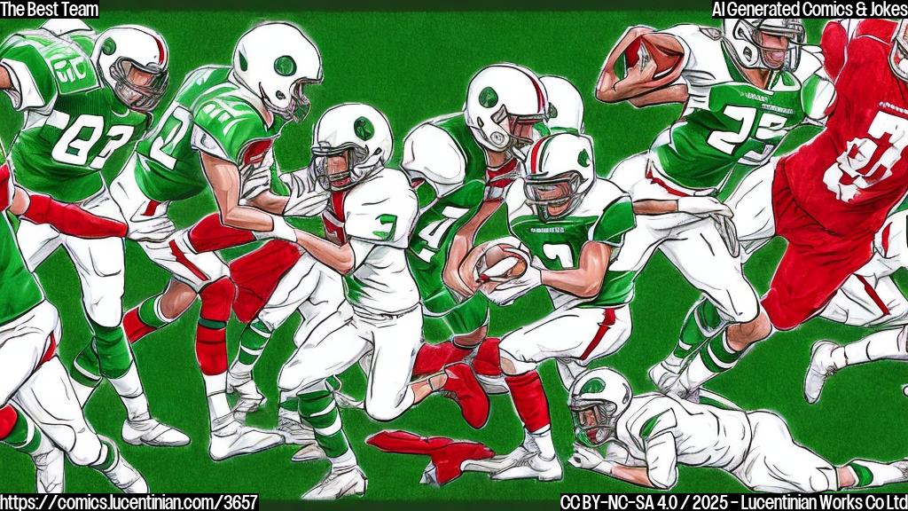 A cartoon drawing of two football teams playing a football game. One team is wearing green and white uniforms, while the other team is wearing red and white uniforms. The team in green and white is winning. The style is simple, with only a few colors and a plain background.