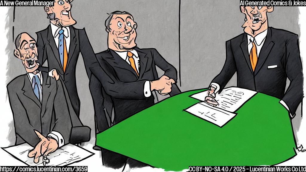 A simple cartoon drawing of two football coaches in plain colors, one handing a contract to the other. The coach handing the contract wears a jacket and a tie and seems to be happy; the coach receiving the contract wears a suit and tie, and seems to be somewhat surprised. The background is a plain green color. The style of drawing must be simple.