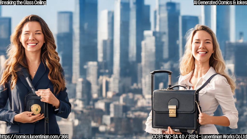 a smiling woman with a briefcase in one hand and a piggy bank in the other, standing in front of a city skyline