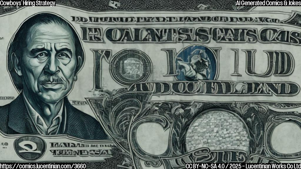 A cartoon drawing of a plain color style depicting a football coach with a worried expression, surrounded by stacks of dollar bills with sad faces. The background is a football field with a large "$$$?" looming over it.