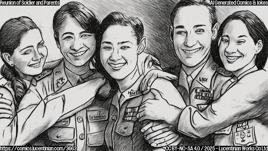 A simple cartoon drawing in plain colors showing a young woman in military uniform embracing her parents. The woman is smiling broadly, and the parents are hugging her tightly, with tears of joy on their faces.  The background is a simple plain color.