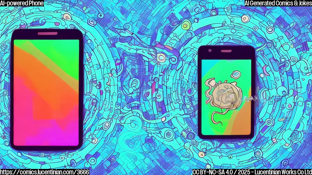 A cartoon drawing of a smartphone with confused expression, surrounded by swirling augmented reality effects in plain color style. The phone should have simple eyes and mouth and be a rectangle shape.