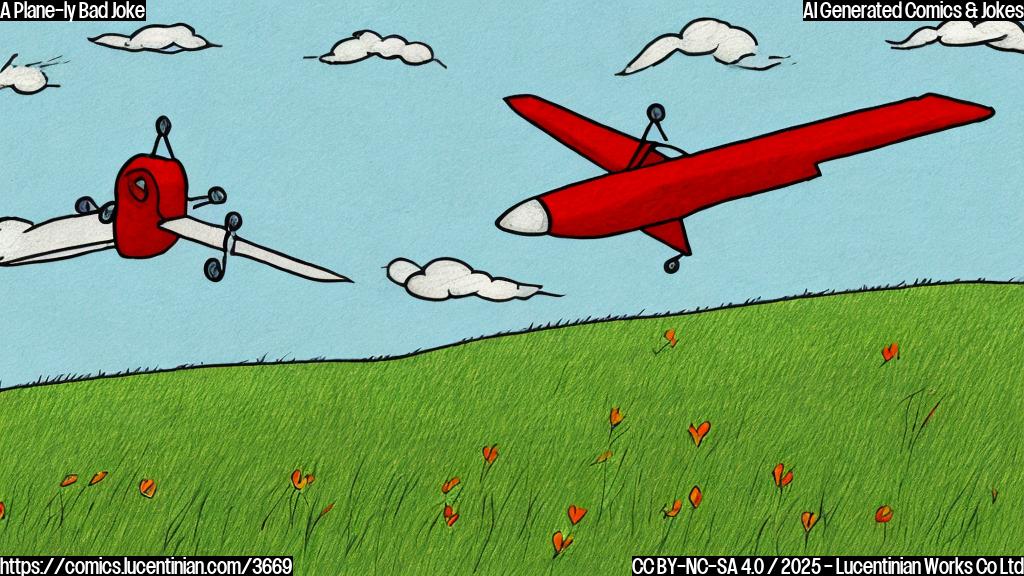 A simple cartoon drawing of a plane crashing into a field with a simple red X over it.  Use only a plain color palette with no gradients. The plane is a simple design with no details except a tail and the wings. The field is a simple green.