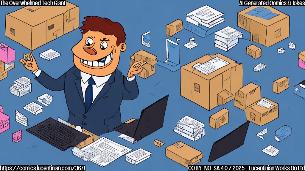 A cartoon illustration of a tired, anthropomorphic computer with large, weary eyes, wearing a business suit, surrounded by boxes labeled "Surface Pro" and legal documents labeled "Windows 10 Downgrade," in a simple, flat color style. The background should be plain white.