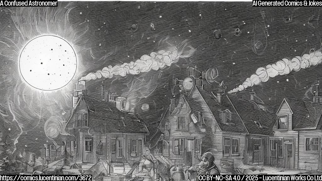 A cartoon drawing of a confused astronomer, with a telescope pointed at a house with steam coming out of the chimney. The astronomer has a question mark above his head, and the microwave oven is shown inside the house emitting beams of radio waves instead of heat waves. Use plain colors, like black, white, red, blue, and yellow.