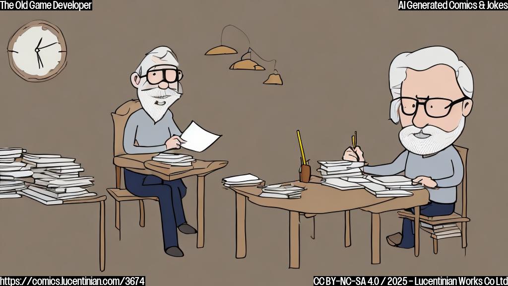 A simple cartoon drawing of an old man with grey hair and beard, wearing glasses, sitting at a desk surrounded by papers and books, smiling and holding a pencil, in a plain light beige background. The style should be simple and flat, with no gradients or shadows.