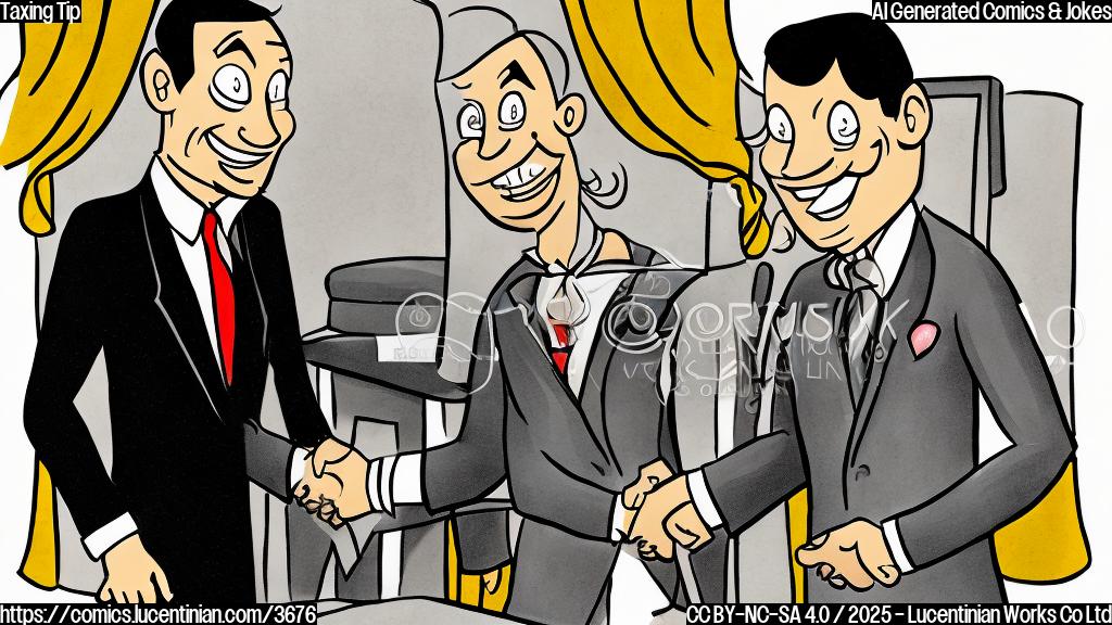 A simple cartoon drawing of a politician in a suit smiling and shaking hands with a casino worker in a tuxedo. The background is a plain color, no details except plain color. The style is a simple cartoon, plain colors, no gradients, no shading, only outlines and flat color fills.