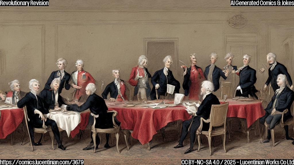 A simple, plain color cartoon depicting a group of powdered wig-wearing figures gathered around a large table, frantically scribbling on a long document. One figure, larger than the others, is wearing a bright red tie and has a frustrated expression. The style should be reminiscent of old-fashioned political cartoons.