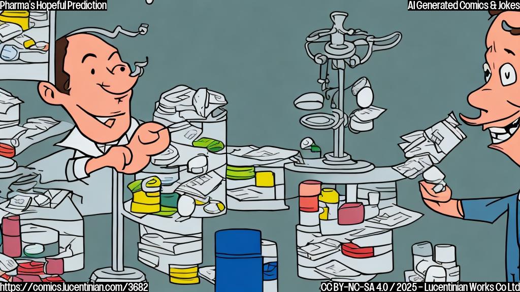 A cartoon drawing in plain colors showing a pharmaceutical company representative with a hopeful smile looking at a graph that shows sharply increasing profits, while in the background a small figure is looking sadly at a huge pile of medicine pills.