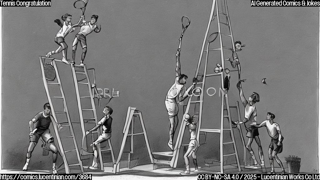 A cartoon drawing of three tennis players in plain color style, standing on ladders and trying to reach a very tall tennis player.