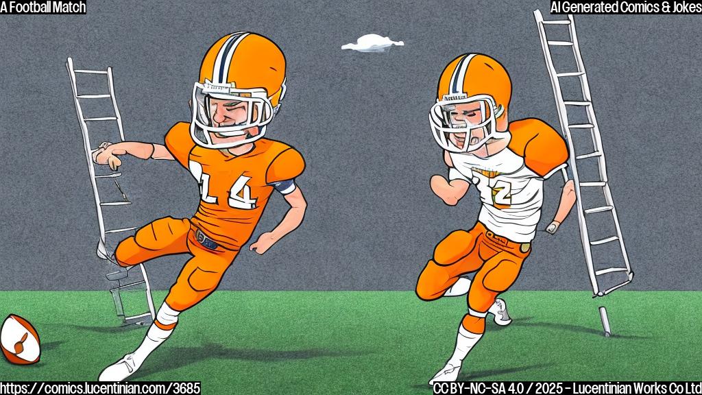 A cartoon drawing of a football player with a ladder. The football player is wearing a helmet and uniform. The style is simple and plain color. The background is a football field.