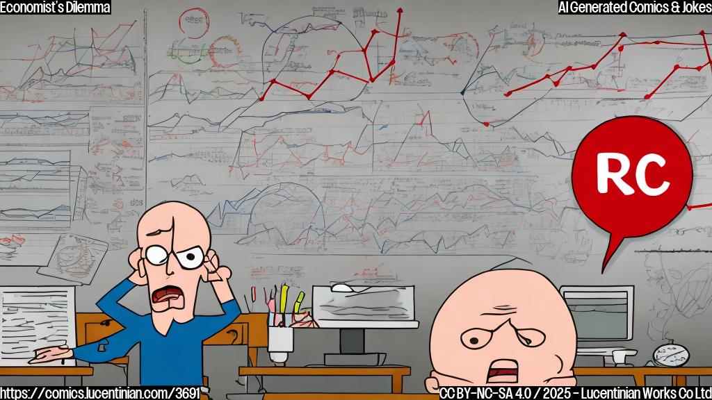 A cartoon of a frustrated economist sitting at a desk covered in charts and graphs, looking at a calendar with a large red circle around a date. In a thought bubble above the economist's head, there's a graph showing a chaotic market.