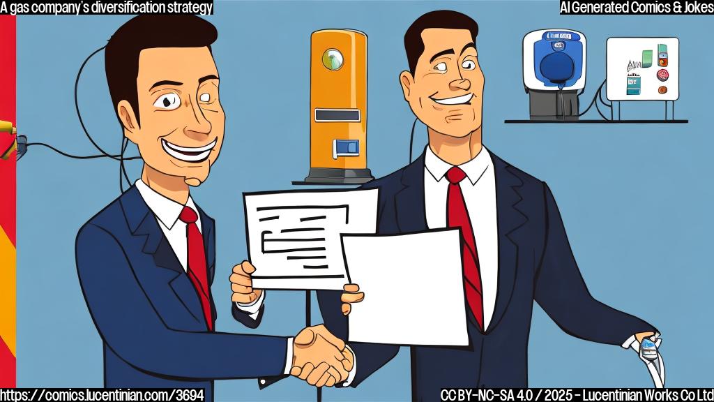 A cartoon illustration of a gas pump with a cartoon businessman in a suit standing next to it. They are both smiling. The background is plain blue, the images are in plain colors, no gradients. The businessman is holding a document in his hands.