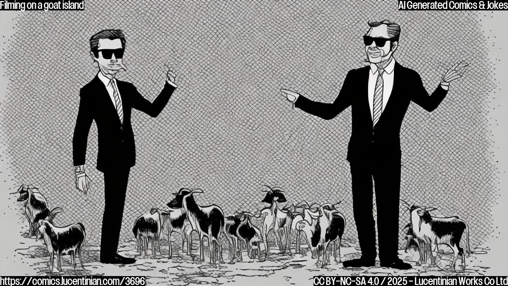 A cartoon drawing in plain colors of a film director wearing a suit and sunglasses, standing on a small island with many goats around him, looking thoughtfully toward a film camera. The style should be simple and slightly comical.