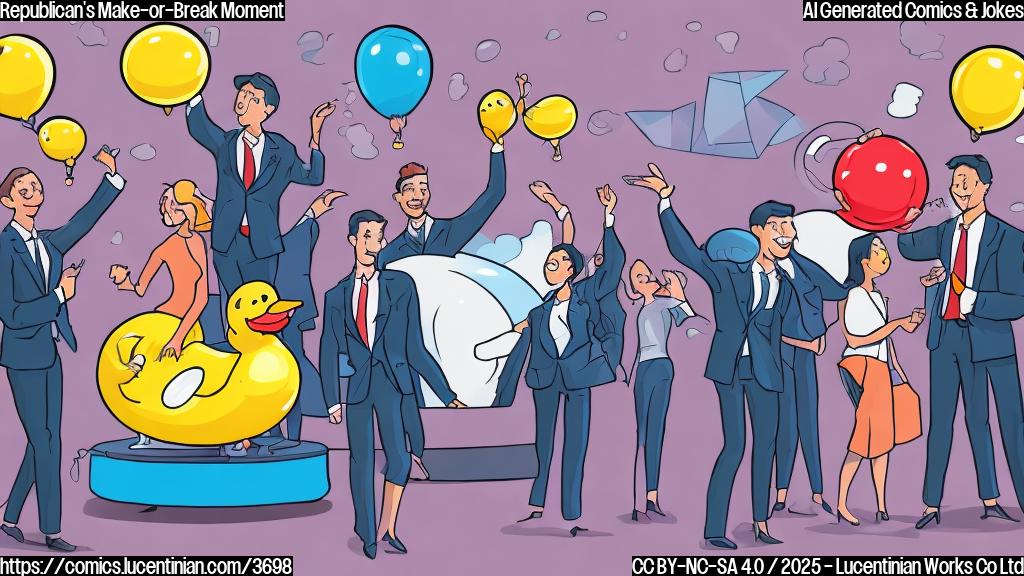 A cartoon drawing of a group of people in suits huddled around a table in a sunny room, a large inflatable rubber duck with a ten trillion dollar price tag floating above them.  Simple line art, flat color palette, plain background.