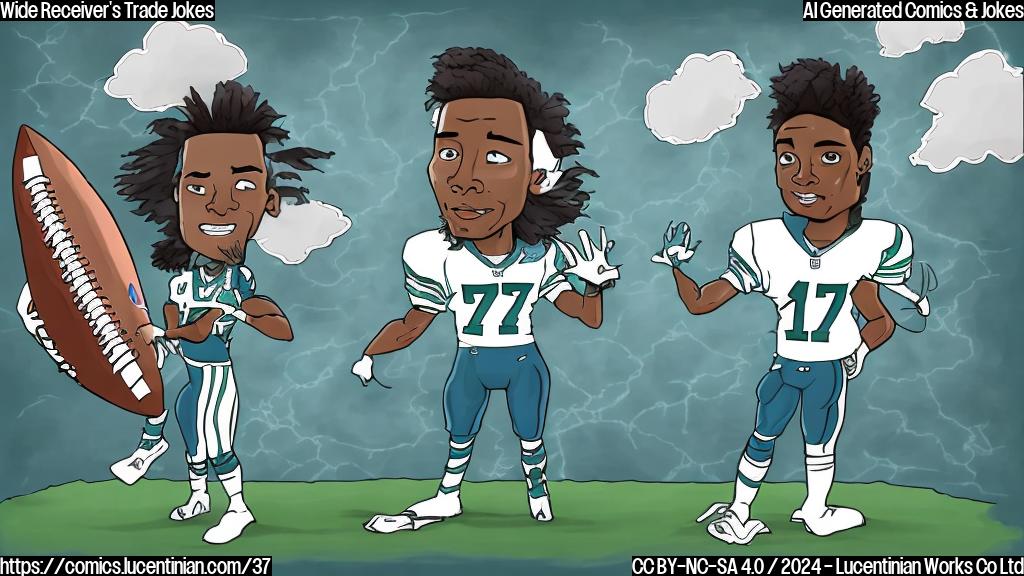 Draw a simple cartoon style picture of a person wearing a football jersey with the number 17 on it (Davante Adams' number), standing next to a stadium sign reading "Jets Stadium". The person should be looking at a map of the United States, symbolizing their desire to explore new destinations. The background should be a plain blue sky with white fluffy clouds. In the corner, add a simple drawing of a football and a small thought bubble above it with a red checkmark inside, representing the player's wish to join a team that meets their expectations.