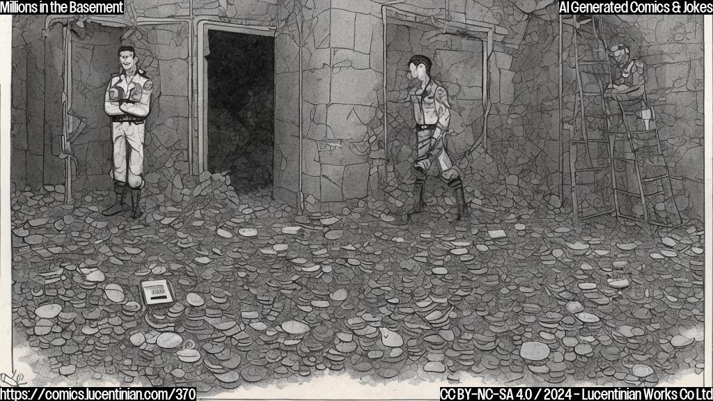 A cartoon illustration of a stern-looking Israeli military officer holding a ladder while standing next to a large, reinforced metal door with a visible ventilation shaft and a small amount of rubble around it. The door is partially buried in the ground, with a few coins and bills spilling out from under it. In the background, a hospital building can be seen through a window, with people milling about outside. The officer's uniform should be military-style, with a prominent star on the sleeve.