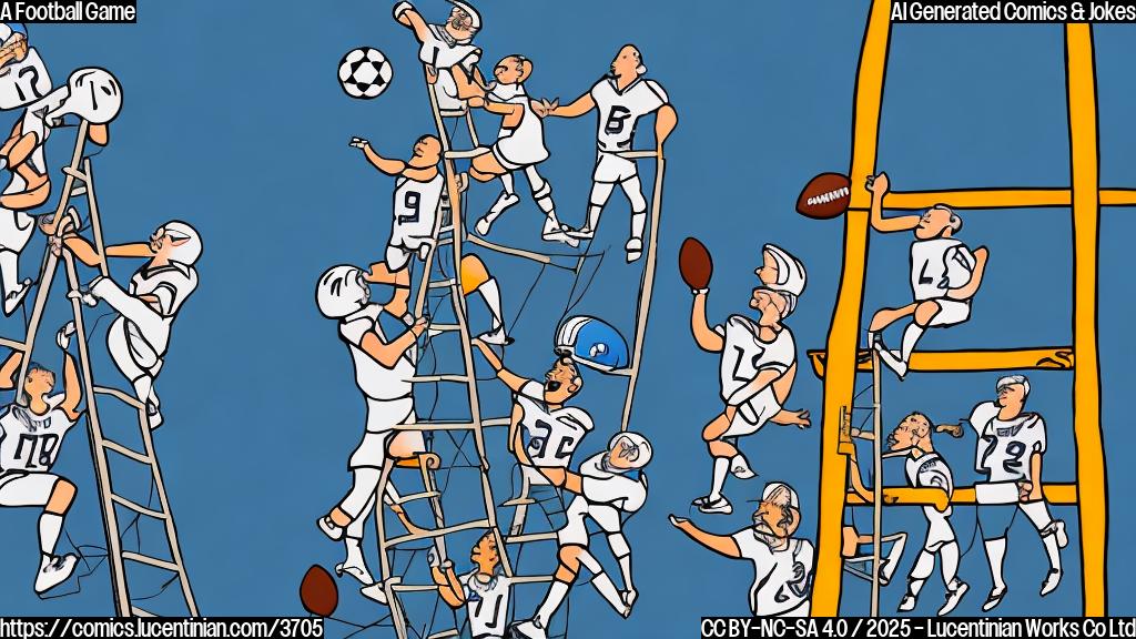 A cartoon drawing of a football team using a ladder to climb a scoreboard, simple background, single color