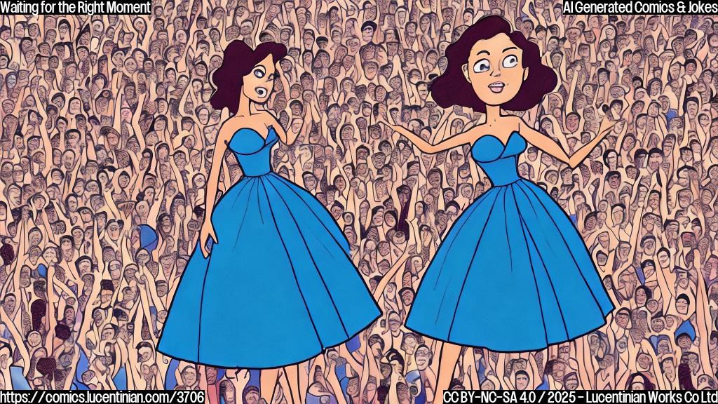 A simple cartoon drawing of an actress in a sparkling dress and high heels standing on a stage with a large crowd in the background,  all in a single solid color like dark blue or maroon.