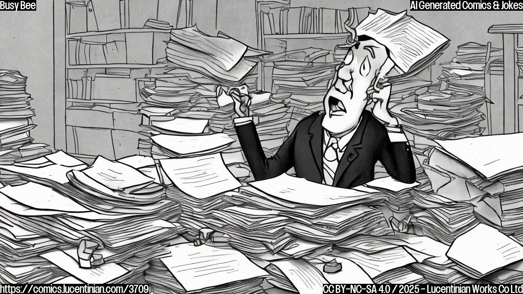 A cartoon drawing of a busy person in a plain business suit sitting behind a large desk with piles of papers all around, looking extremely stressed and exhausted, a small crown perched atop his head. The background should be a simple, solid color. Style: Flat color cartoon.