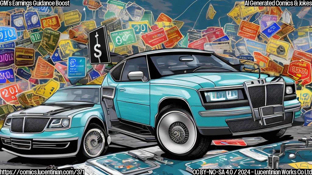 A cartoon of a smiling, top-hat-wearing car with a briefcase and a chart rising in the background, surrounded by dollar signs and stock market graphics. The car's wheels are labeled "Earnings Guidance" and the car's license plate reads "2024."