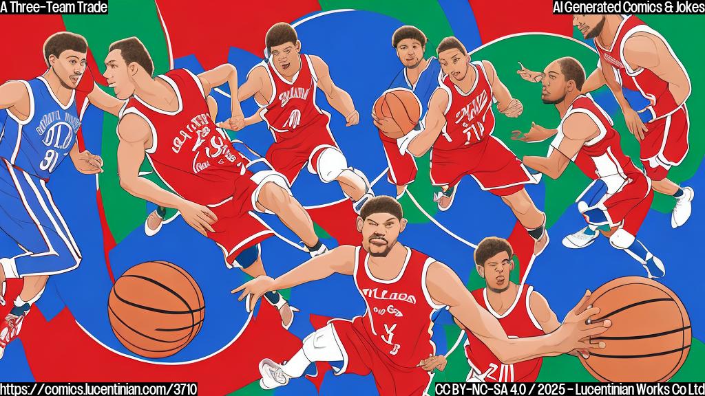 Three cartoon basketball teams, each a different solid color (red, blue, green), exchanging players in a simple, flat cartoon style, with numbers on their jerseys, and a basketball in the background.