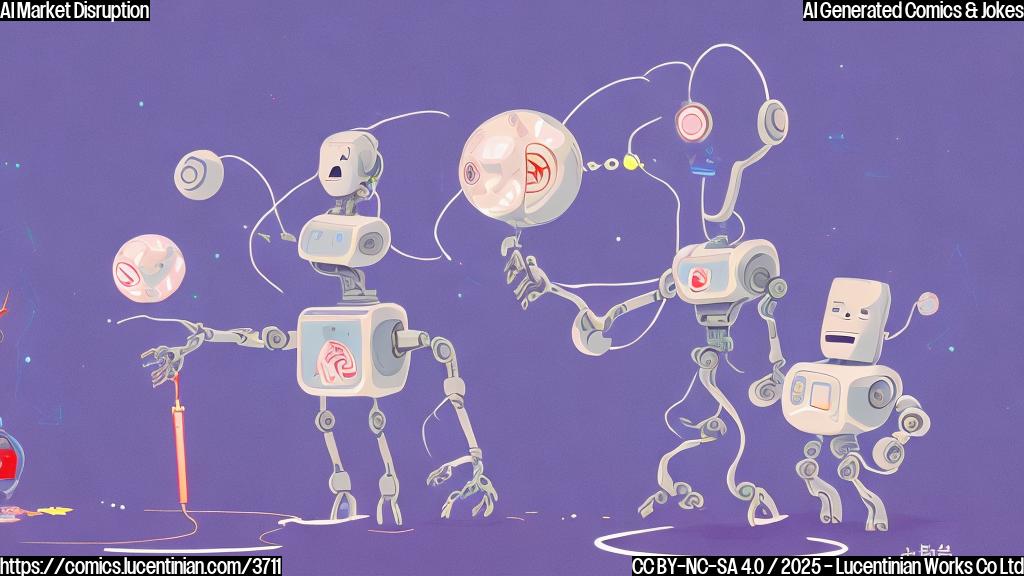 A cartoon of two stick figures, one a tall, sleek robot labeled "US AI", another a short, stubby robot labeled "Chinese AI".  The "Chinese AI" is smirking as it zooms past "US AI", who is stuck in a very slow, pixelated animation. Simple line art, solid colors, no backgrounds.