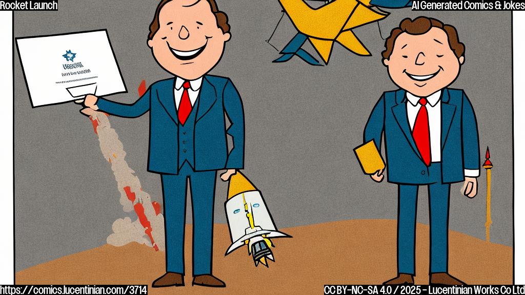 A cartoon illustration in flat colors, of a rocket with a smiling face wearing a suit and tie, standing on a launchpad and holding a promotion certificate.