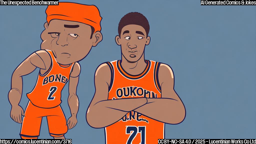 A cartoon drawing of a basketball player in a plain orange jersey, looking grumpy, sitting on a bench with a pouty expression, and the bench has many other unused jerseys on it. The background is a plain light blue. Style: simple cartoon, plain colors.