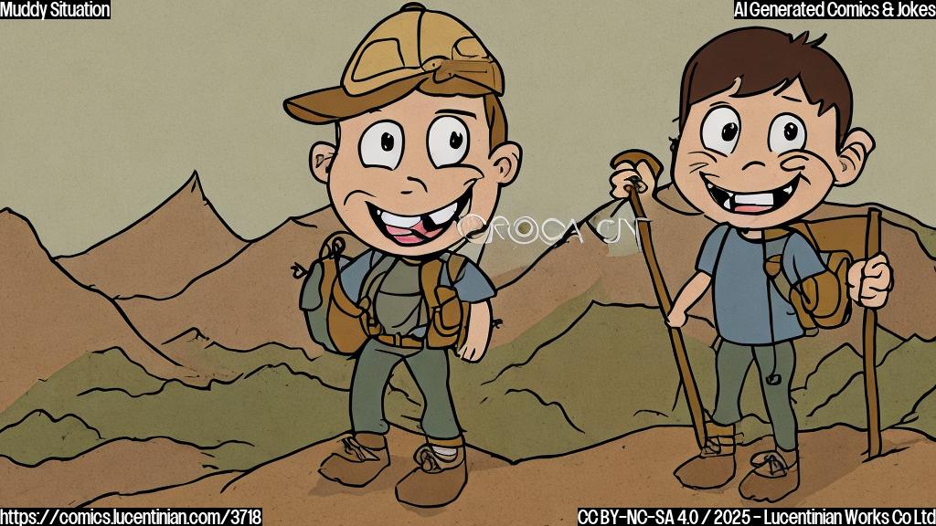 A simple cartoon drawing of a hiker with a muddy face smiling, standing on a mountain with a light brown background