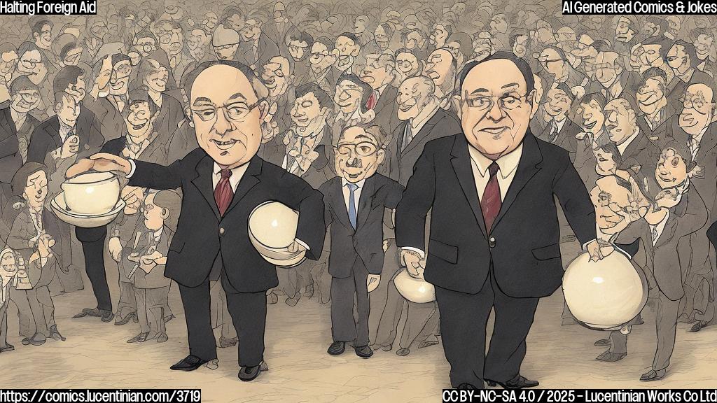 A simple cartoon of a government official, depicted as a stern-faced person with a suit and tie, turning away from a line of people representing diverse countries who are holding out empty bowls, with plain color background.