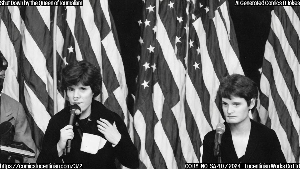 A stern-looking woman with a microphone stands next to a podium with a U.S. flag on it. The camera shows a young man sitting in the audience looking disappointed, while another person is walking away from him.
